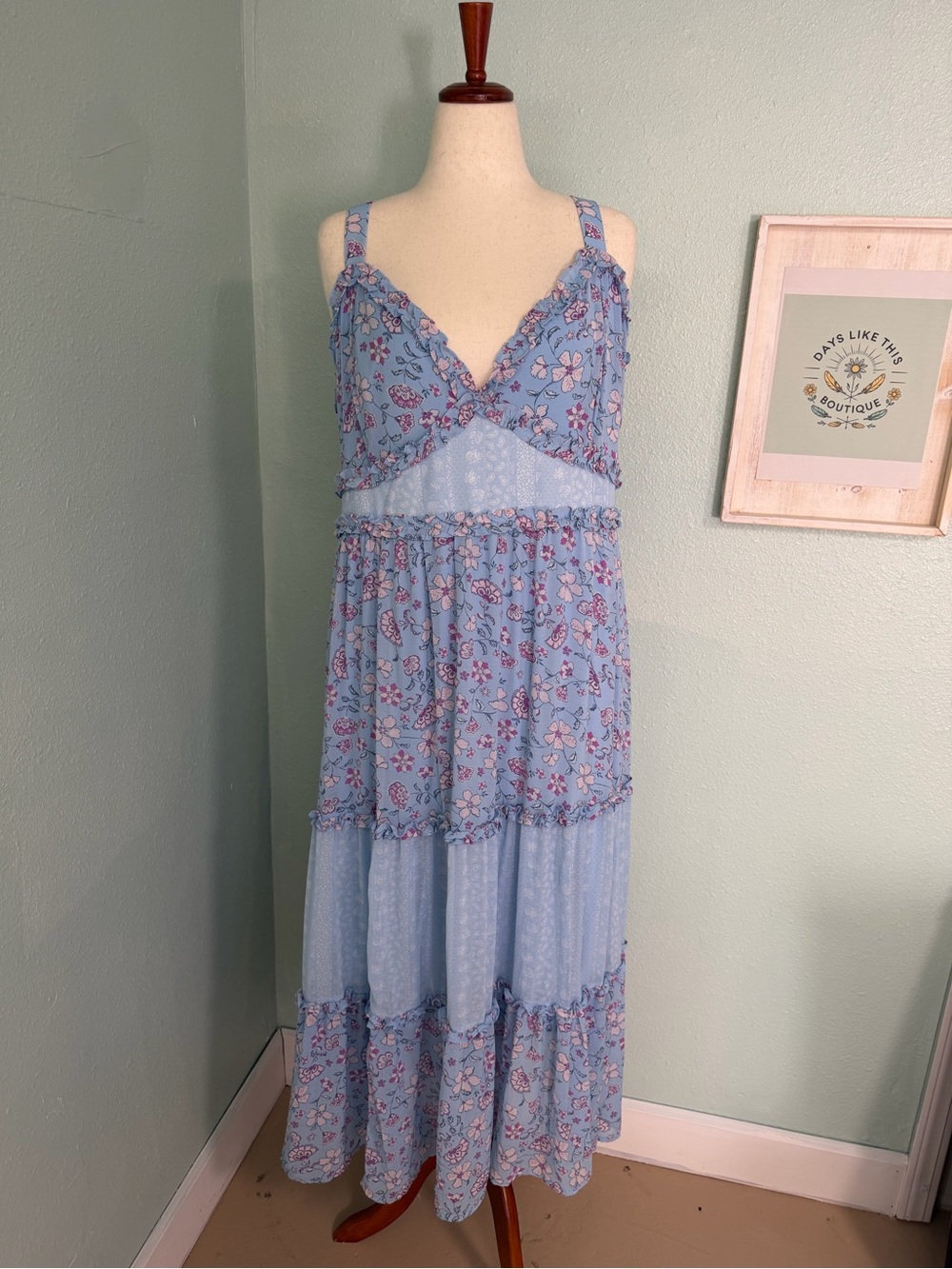 torrid Light Blue Floral Tiered Maxi Dress with Pink Accents